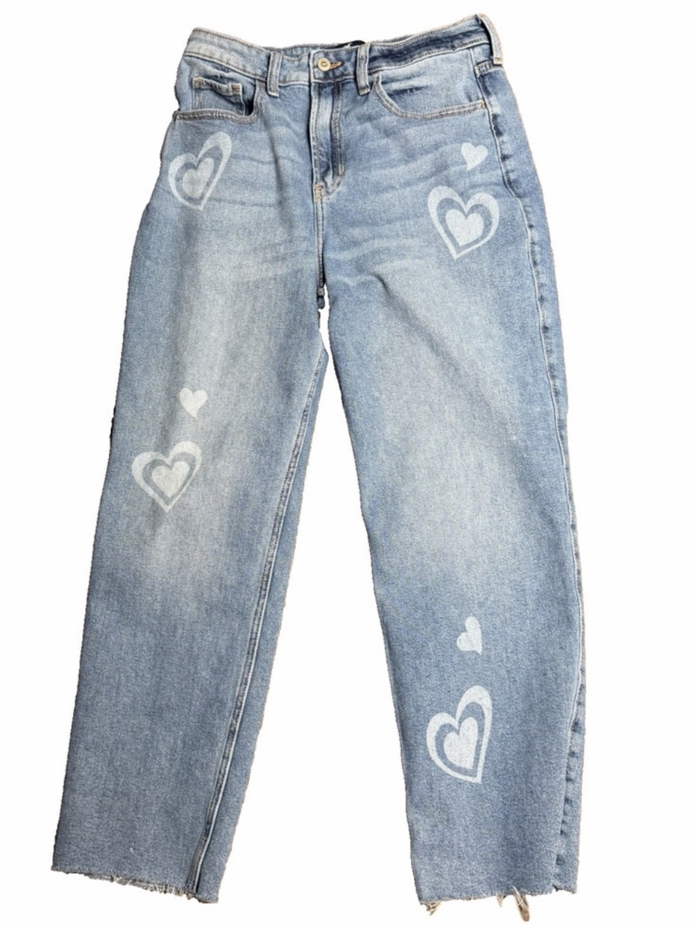 Hollister Light Blue Straight Leg Jeans with White Heart Prints